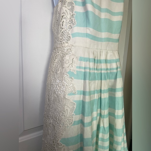 Anthropologie Moulinette Soeurs Sea Isle Dress Sz 8 Mint/IvoryStripe Lace V Nck - Picture 5 of 13